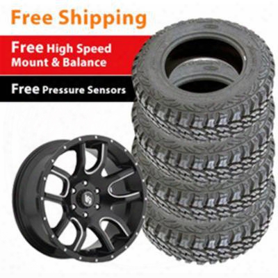Genuine Packages 20x9 Alloy Rim With 5 On 5 Bolt Pattern, Black Milled Finish And 37x12.5r20 Radial Mud Terrain Tires With Tpms Sensor, Set Of 4 - Tir