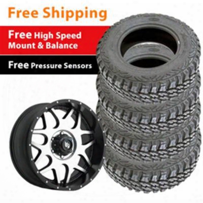 Genuine Packages 20x9 Alloy Rim With 5 On 5 Bolt Pattern, Machined Finish And 37x12.50r220 Radial Mud Terrain Tires With Tpms Sensor, Set Of 4 - T - Ti