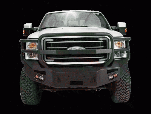 2005 Ford F-350 Super Duty Fab Fours Grill Guard Heavy Duty Winch Bumper In Black Powder Coat With Lights And D-ring Mounts