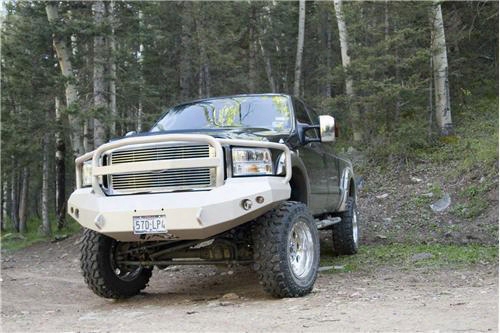 2005 Ford F-350 Super Duty Fab Fours Grill Guard Heavy Duty Winch Bumper In Bare Steel With Lights And D-ring Mounts