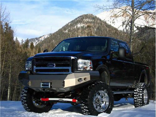 2005 Ford F-350 Super Duty Fab Fours Heavy Duty Winch Bumper In Black Powder Coat With Lights And D-ring Mounts
