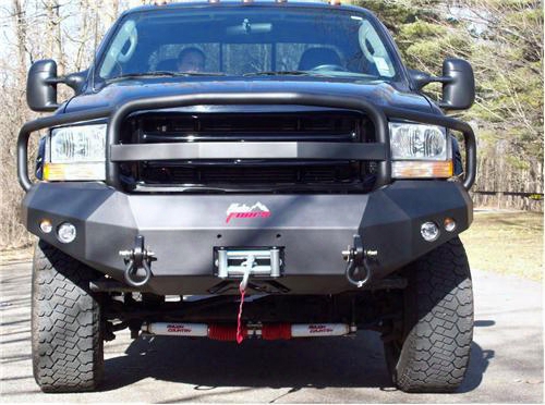 2003 Ford F-350 Super Duty Fab Fours Grill Guard Heavy Duty Winch Bumper In Black Powder Coat With Lights And D-ring Mounts