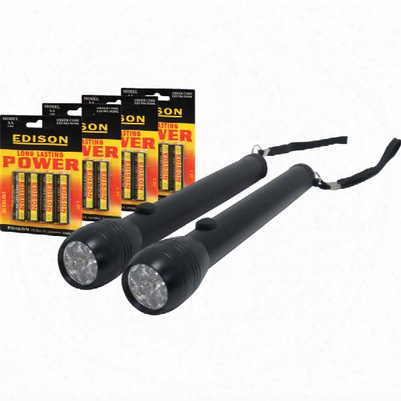 Edison 2 X Led Black Torches C/w 4-pks Aa Batteries Kit