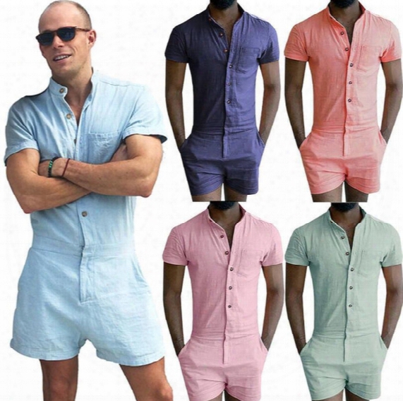 2017 Fashion Men's Stretch Jumpsuit Male Short Sleeve Rompers Short Cargo Pants Summer Single Breasted Tops Zipper Trousers Plus Size Xxl