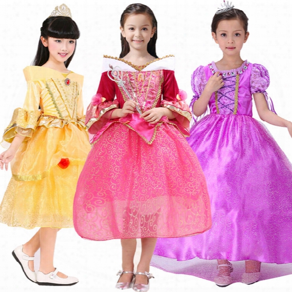 Belle Princess Dress Girl Purple Rapunzel Dress Sleeping Beauty Princess Aurora Flare Sleeve Dress For Party Birthday In Stock