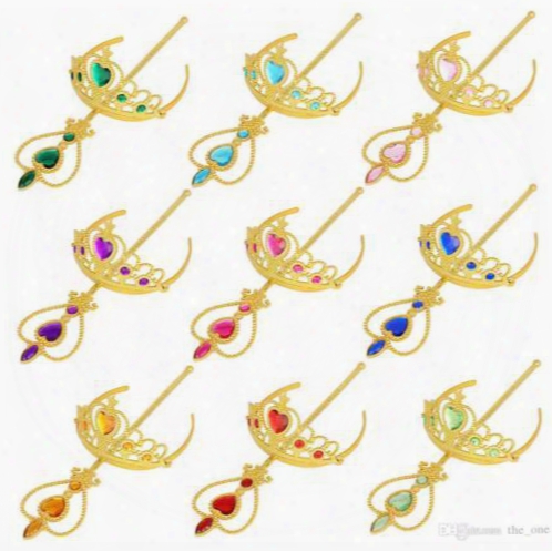 Gold Frozen Heart Shape Diamond Cosplay Crown Tiaras Children Party Accessory Magic Wand Rhinestone Crown 2pcs Set Free Shipping In Stock