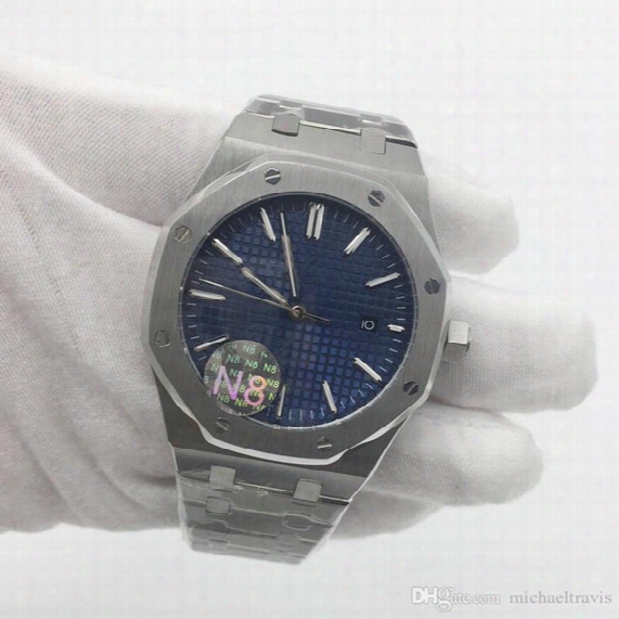 N8 Factory Royal Oak Offshore Mens Watch Silver Stainless Steel Blue Dial Automatic Movement Mechanical Transparent Back Original Clasp Aaa