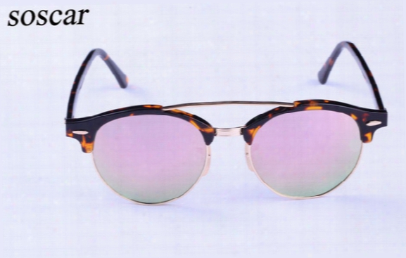 Soscar 4346 Sunglasses Designer Sunglasses For Men Women Round Plank Frame Flash Mirror Lenses Uv Protection Double Bridge Gafas With Box