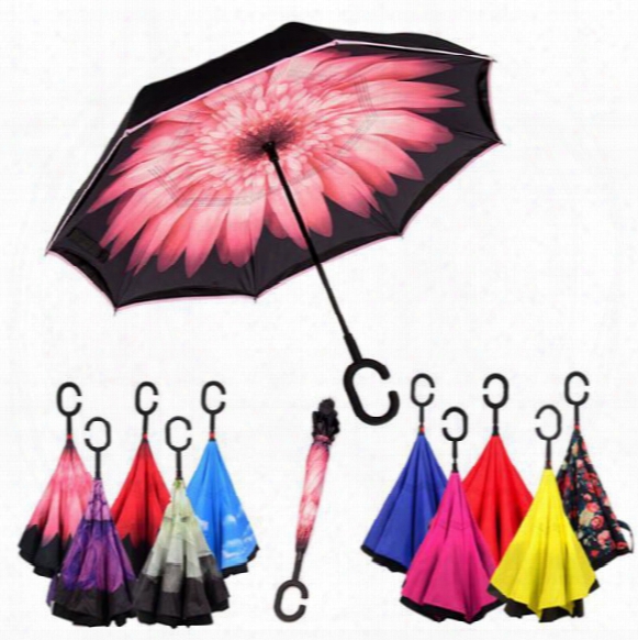 Windproof Reverse Folding Double Layer Inverted Umbrella Self Stand Inside Out Rain Protection C Hook Hands For Car
