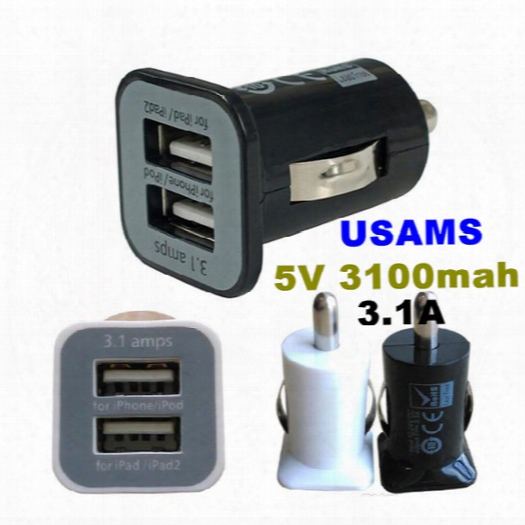 200pcs Usams 3.1a Usb Dual Car Charger 5v 3100mah Dual 2 Port Mini Car Chargers Power Adapter For Iphone 6 5s Htc Samsung Galaxy Lg Je10