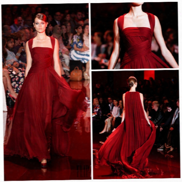 2014 Elie Saab Red Carpet Straps A Line Full Length Burgundy Sexy Formal Evening Dresses Hot Sale Party Gowns Celebrity Dress Party Gowns