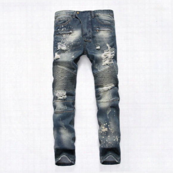 2017 Famous Distressed Patches Biker Cargo Jeans Stretch Demin Jeans Hiphop Cropped Pants With Extreme Ripped Straight Plus Size 28~38