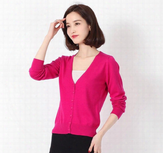 2017 High Quality Spring Autumn Sweater Women Full V Neck Cardigan Sweater Solid Color Women's Cashmere