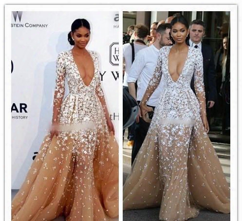 2017 Red Carpet Dress Zuhair Murad Evening Dresses Sexy Deep V Neck Long Sleeve With Lace Applique Sweep Train Formal Celebrity Dress