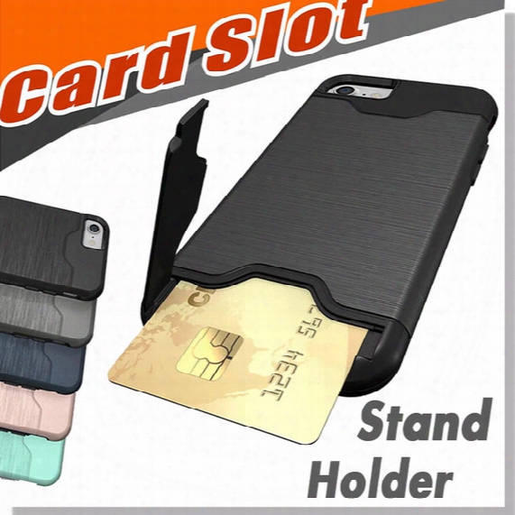Card Slot Case Brush Card Pocket Hybrid Anti-shock Stand Armor Slot Holder With Kickstand Hard Cover For Iphone X 8 7 Plus 6 6s Samsung S8