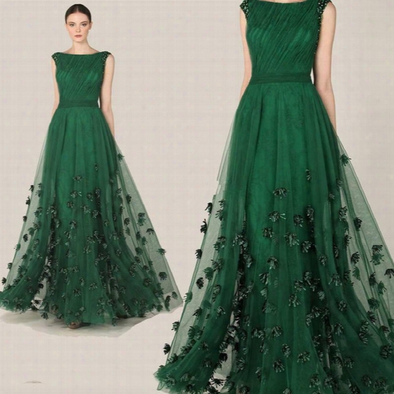 Fashionable Zuhair Murad Evening Dresses 2017 Emerald Green Tulle Cap Sleeve Party Dresses Women Custom Formal Prom Dress Red Carpet Gowns