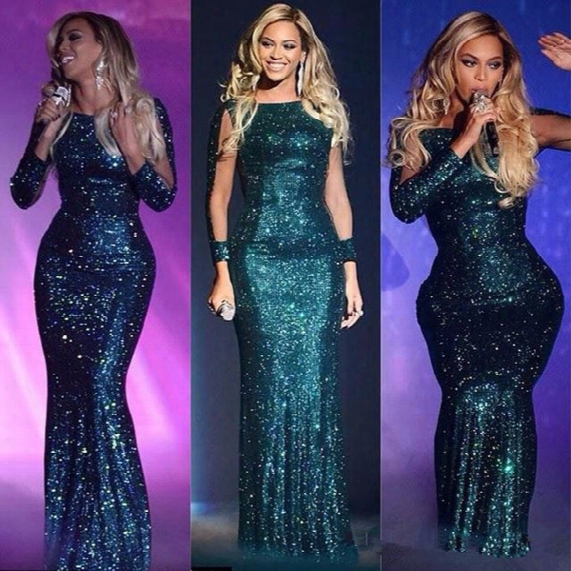 New Green Beyonce Glittery Sequined Long Sleeve Evening Dresses Mermaid Long Celebrity Dresses Sexy Floor Length Sequined Red Carpet Dress