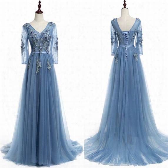 New Real Pictures Blue Lace-up Sheer V-neck Evening Dresses Pearls Court Train Applique A-line Custom Made Simple Long Prom Gown Red Carpet