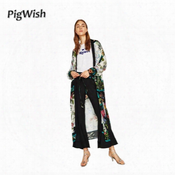 Pigwish 2017 Long Kimono Cardigan Women Blouses Flower Print With Sashes Blouse Women Summer Tops Camisas Mujer