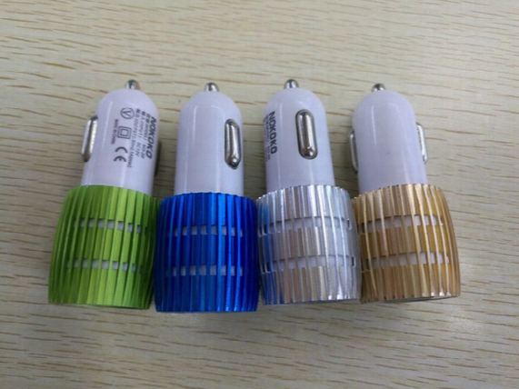 Real 1a Dual Usb Car Charger Blue Light Led Aluminium Alloy Metal Adaptor For Smart Phone 100pcs/lot
