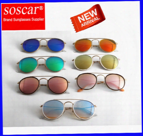 Round Double Bridge Sunglasses Soscar 3647n Brand Designer Sunglasses Metal Frame Flash Mirror Glass Lenses 51mm Gafas De Sol For Unisex