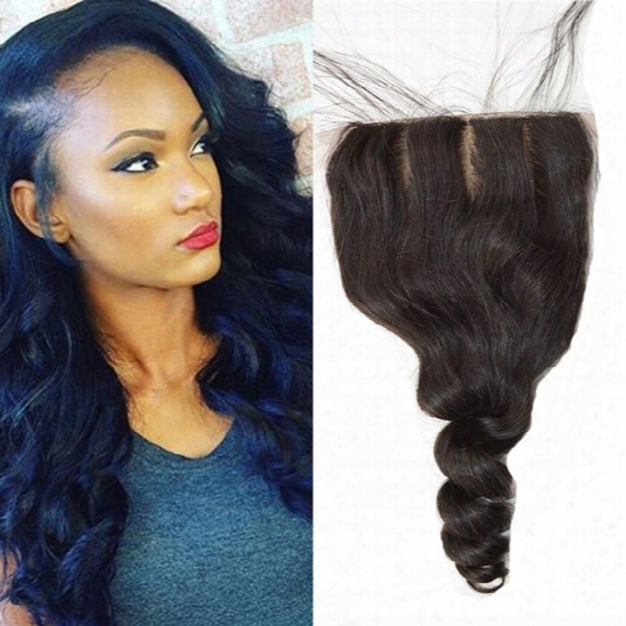 Virgin Malaysian Loose Wave Curly Human Hair 4x4 Inch Silk Base Closure Wwith Baby Hair Bleached Knots Free Parting Style G-easy