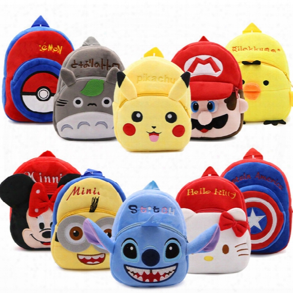 12pcs/lot Pikachu /super Mario /mickey Mouse / Totoro /stitch /captain America Cartoon Plush Backpack Toy Mini School Bag Child Student Bags