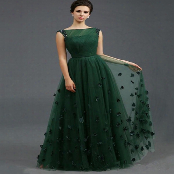 2016 Zuhair Murad Long Evening Dresses Emerald Green Tulle Cap Sleeve Vintage Women Party Gown Custom Formal Prom Dresses Red Carpet Gowns