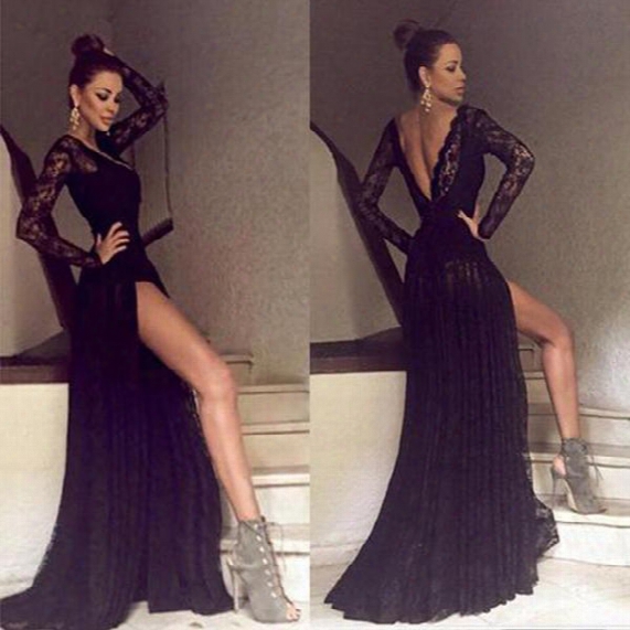 2017 Black Lace Prom Dresses With Long Sleeves Slip Side V-neck Backless Vintage Sexy Formal Evening Party Gown
