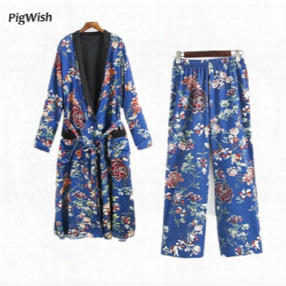 2017 Floral Print Shirt Blue Long Japanese Kimono Cardigan Women Sashes Pocket Long Sleeve Tops Blouse Feminin Blusas Femme