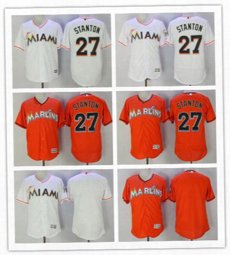 2017 Men&#039;s Miami Marlins Jersey #27 Giancarlo Stanton Authentic White Orange Baseball Jerseys Stitched Logos Free Shipping