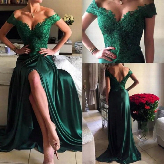 2017 New Arrival Long Prom Dresses Dark Green V Neck Lace Applique Elastic Satin Sexy Side Split Formal Evening Gowns Red Carpet Celebrity