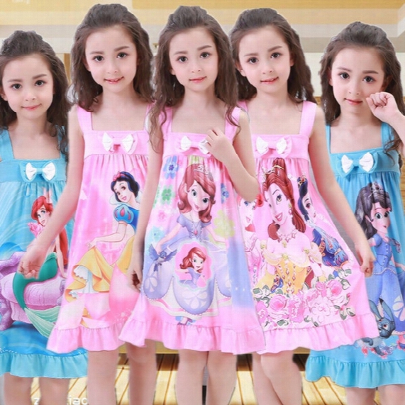 2017 New Summer Girls Sleep Dress Elsa Anna Mermaid Snow White Princess Cartoon Kids Pajamas Nightgowns Baby Bow Sleepwear 10 Colors C2232