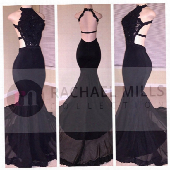 2017 Real Photo Sexy Black Mermaid Long Prom Dresses Lace Sequins Halter Beaded Backless Side Slit Evening Dresses Formal Party Gowns