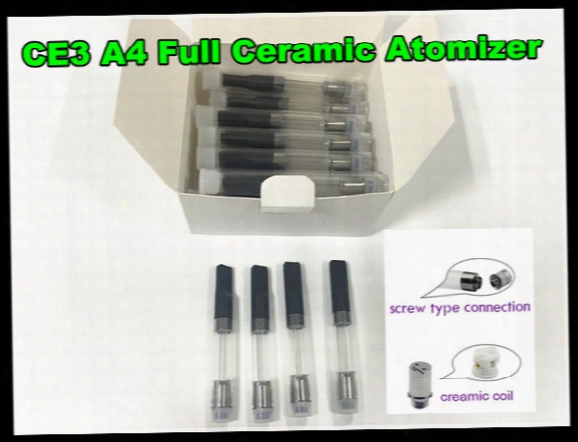 A4 Vaporizer Ce3 Bud Touch Wickless Full Ceramic Atomizer Waxy Oil Smoking Vaping Tank 510 Ego Thread Vape Pen Cartridge Free Shipping