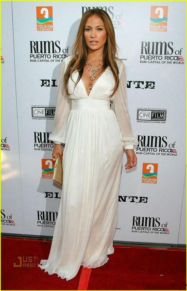 High Quality Jennifer Lopez 2016 White Long Sleeve V Neck Prom Dresses The Oscars Celebrity Dresses Red Carpet Women Evening Dresses