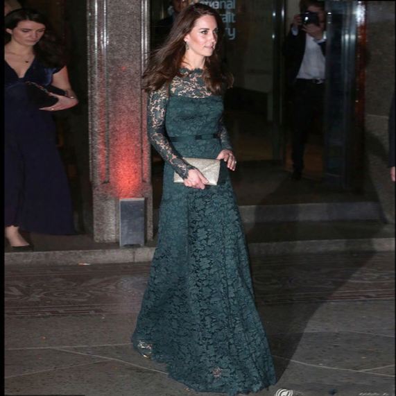 Kate Middleton Same Style Red Carpet Evening Dress Dark Green Lace Long Sleeve Floor Length Special Occasion Dresses Formal Wear
