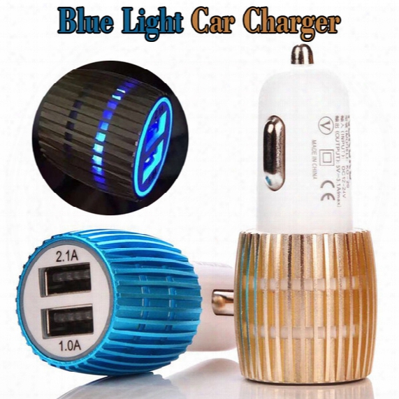 Led Car Charger 2 Ports Cigarette Port 2.1a Metal Micro Auto Power Blue Light Adapter Dual Usb Charger For Iphone Samsung S8