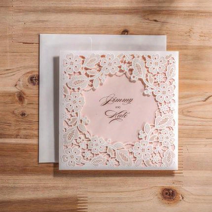 New 2017 Personlized Free Printable Wedding Invitation Cards Square White With Lace Flora Card With Pink Floded Inner Sheet Party Cards