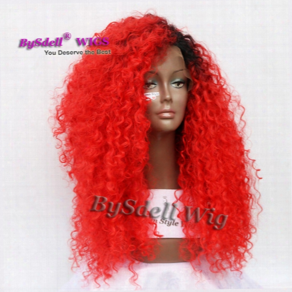 Synthetic Scarlet Color Wig Mermaid Bright Red Color Afro Fluffy Kinky Curly Hair Lace Front Wig New Trendy Hair Color For 2017