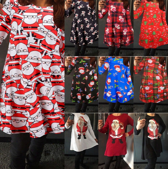 Trendy Women Red Lattice Christmas Long Sleeve Printed/printed Cartoon Flounce Cotton Deer Printed Dress New - Free Shipping + Free Gift