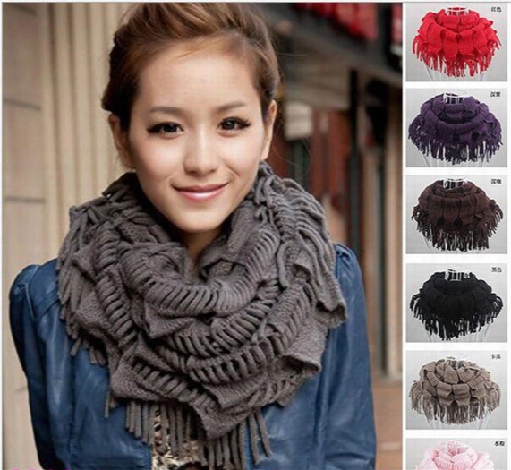 Womens Winter Warm Knitted Layered Fringe Tassel Neck Circle Shawl Snood Scarf Cowl Girl Solid Long Soft Infinity Scarves Wraps A023