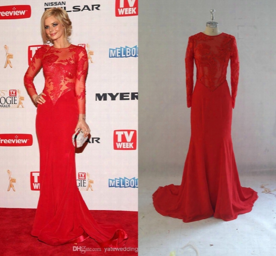 2016 Sexy Mermaid Sheer Long Sleeves Lace Prom Dresses/evening Gowns Celebrity Red Carpet Dresses With Chiffon Crew Neckline Court Train