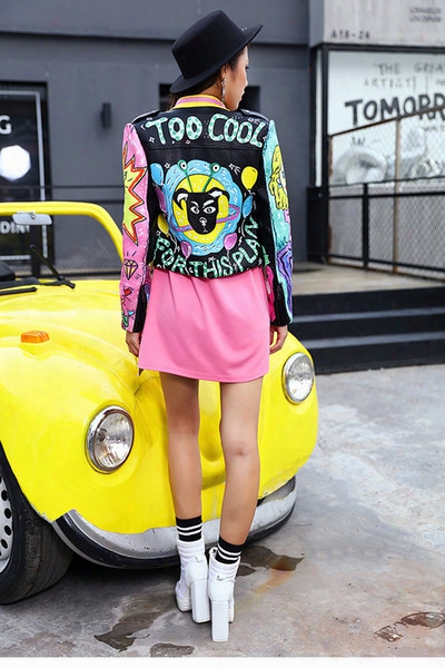 2017 New Top Quality Women's Ladies Female's Punk Rivet Graffiti Cartoon Short Motorcycle Locomotive Leather Jackets Outwear Free Shipping