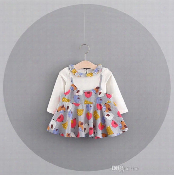 3 Color Ins Korean Styles New Arrival Girl Dress Kids Spring Autumn Cartoon Birds Printed Fake Two Pieces Cotton Dress Girl Casual Dress
