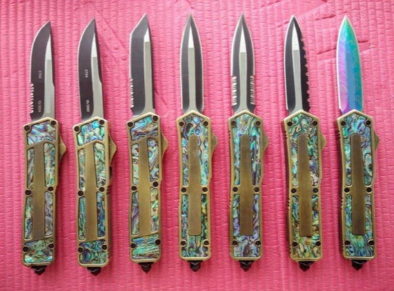 8 Styles Navy Scarab Gold Handle Marfione Custom Scarab Black Blade Abalone Handle Tactical Knife Combat Troodon Knives With Sheath