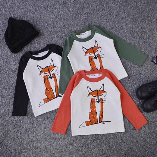Baby Girls Boys Spring Autumn Bobochoses Ins Fox T-shirt 2016 Kids Cartoon O-neck Long Sleeve Cartoon Fox Shirt Black Orange Green Choose