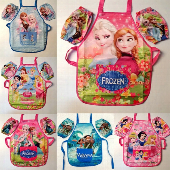 Kids Moana Frozen Mermaid Sanitary Waterproof Apron + Oversleeves 2 Pieces Sets Children Cooking Art Painting Cartoon Smock