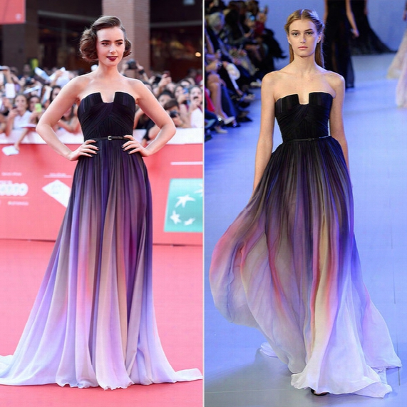 Lily Collins Elie Saab Ombre Pleats Celebrity Dresses Strapless Low Cut Back Sweep Train Chiffon Red Carpet Evening Gowns Prom Dress