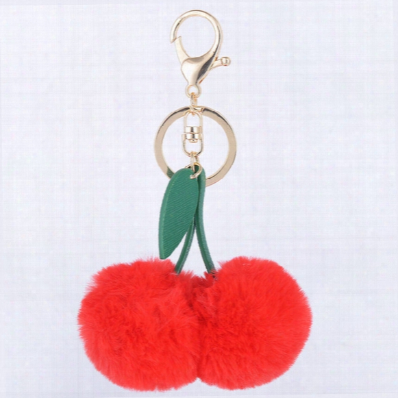 New Fruits Cherry Rabbit Fur Ball Fluffy Round Ball Pendants Metal Keychain Keyring Car Keychains Purse Charms Handbag Pendant